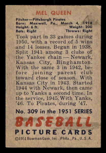 1951 Bowman Baseball #309 Mel Queen Pirates EX-MT 556204
