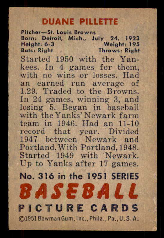 1951 Bowman Baseball #316 Duane Pillette Browns EX-MT 556207