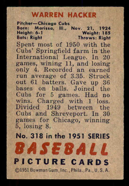 1951 Bowman Baseball #318 Warren Hacker Cubs EX-MT 556208