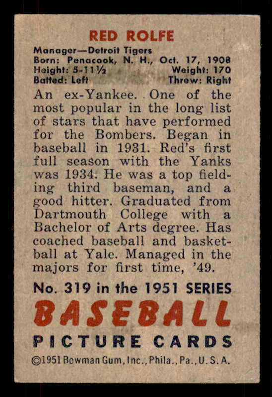 1951 Bowman Baseball #319 Red Rolfe Tigers EX-MT 556209
