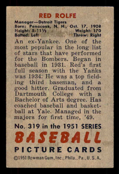 1951 Bowman Baseball #319 Red Rolfe Tigers EX-MT 556209