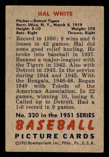 1951 Bowman Baseball #320 Hal White Tigers EX-MT 556210