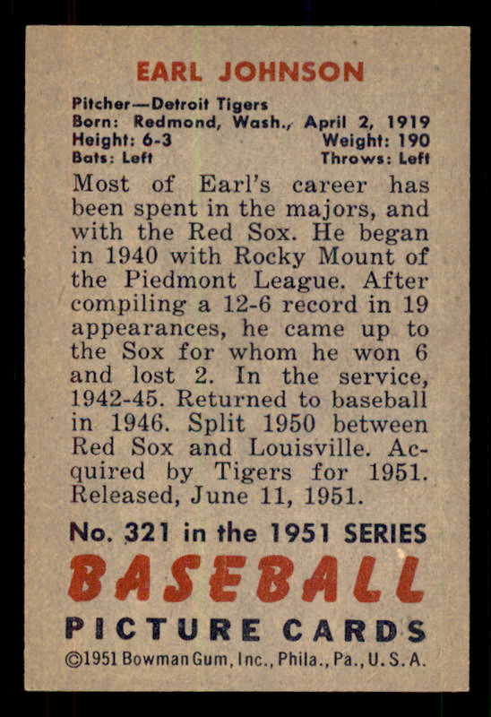 1951 Bowman Baseball #321 Earl Johnson Tigers EX-MT 556211