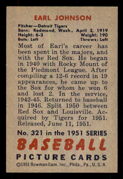 1951 Bowman Baseball #321 Earl Johnson Tigers EX-MT 556211