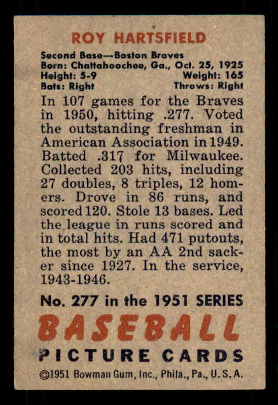 1951 Bowman Baseball #277 Roy Hartsfield Braves EX+/EX-MT 556213