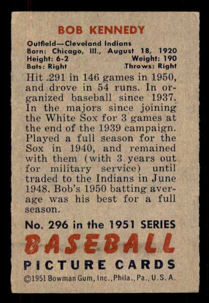 1951 Bowman Baseball #296 Bob Kennedy Indians EX+/EX-MT 556219