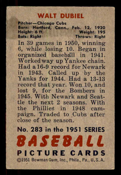 1951 Bowman Baseball #283 Walt Dubiel Cubs EX+/EX-MT 556221