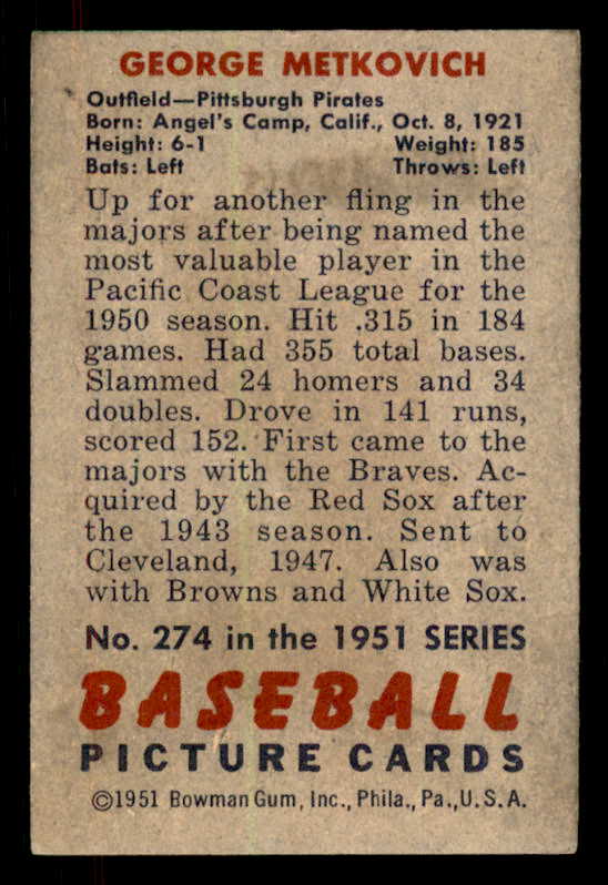 1951 Bowman Baseball #274 George Metkovich Pirates EX+/EX-MT 556222