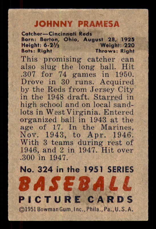 1951 Bowman Baseball #324 Johnny Pramesa Reds VG-EX 556223