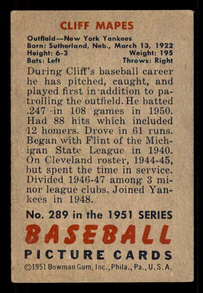 1951 Bowman Baseball #289 Cliff Mapes Yankees VG-EX 556224