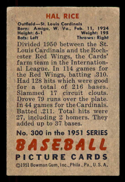 1951 Bowman Baseball #300 Hal Rice Cardinals VG-EX 556225