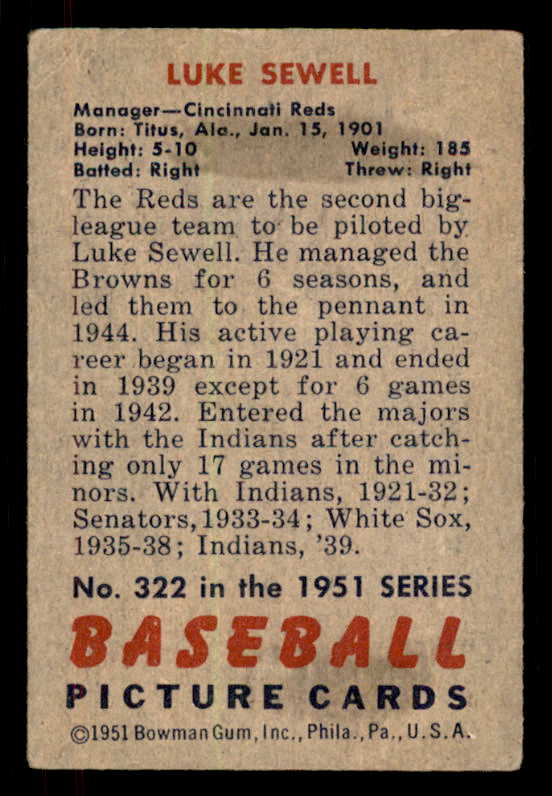 1951 Bowman Baseball #322 Luke Sewell Reds VG-EX 556226