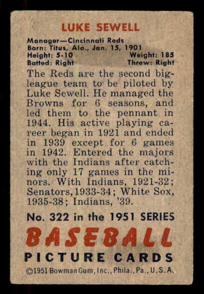 1951 Bowman Baseball #322 Luke Sewell Reds VG-EX 556226