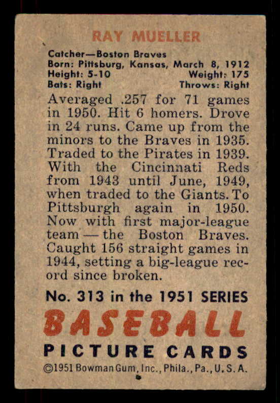 1951 Bowman Baseball #313 Ray Mueller Braves VG-EX 556227