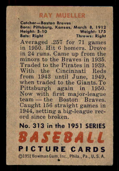 1951 Bowman Baseball #313 Ray Mueller Braves VG-EX 556227