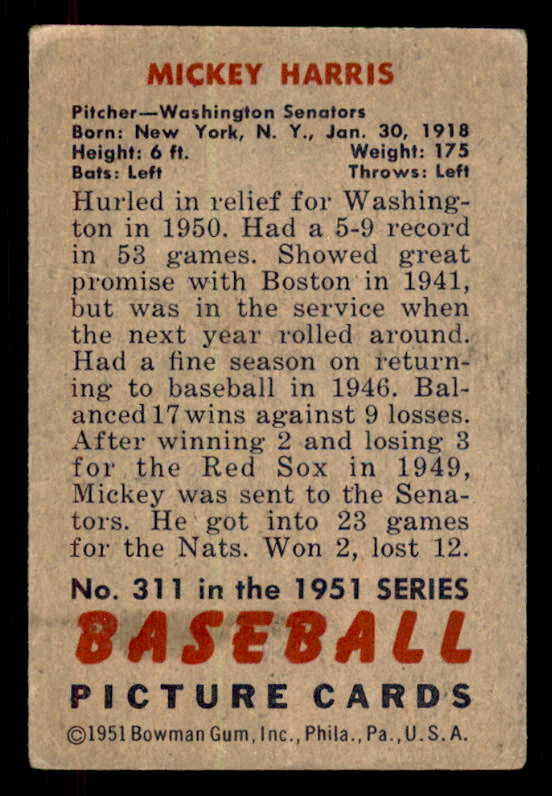 1951 Bowman Baseball #311 Mickey Harris Senators VG-EX 556228