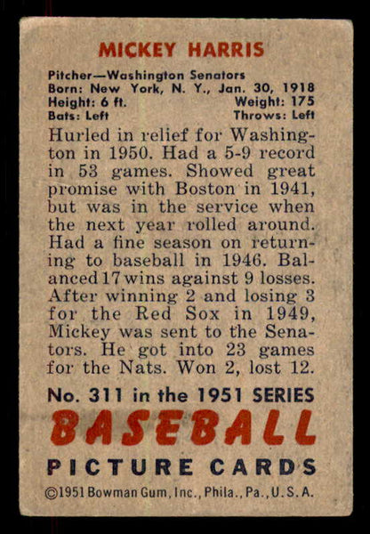 1951 Bowman Baseball #311 Mickey Harris Senators VG-EX 556228