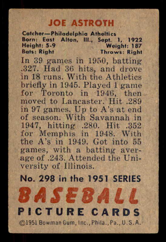 1951 Bowman Baseball #298 Joe Astroth A's VG-EX 556231