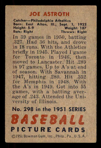1951 Bowman Baseball #298 Joe Astroth A's VG-EX 556231