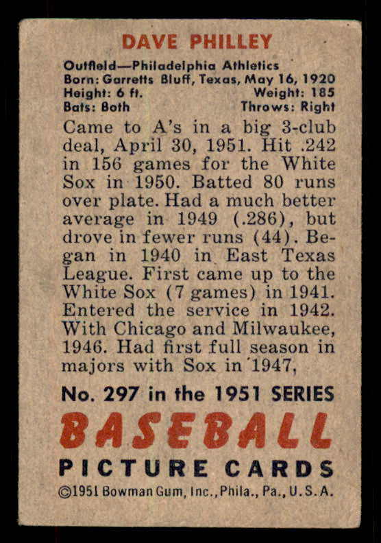 1951 Bowman Baseball #297 Dave Philley A's VG-EX 556232