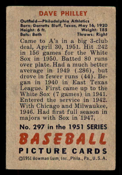 1951 Bowman Baseball #297 Dave Philley A's VG-EX 556232