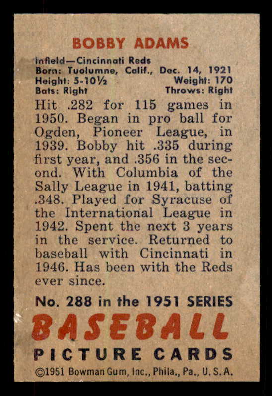 1951 Bowman Baseball #288 Bobby Adams Reds VG-EX 556234