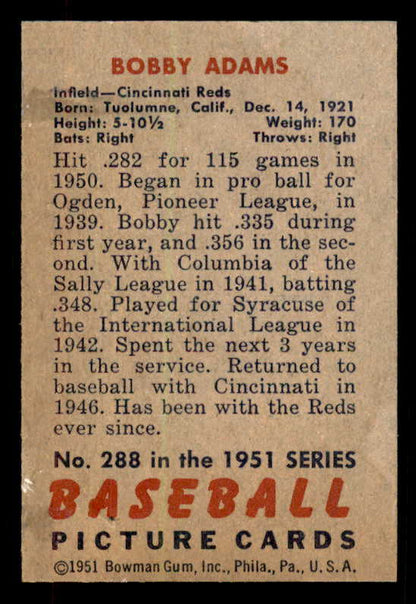 1951 Bowman Baseball #288 Bobby Adams Reds VG-EX 556234