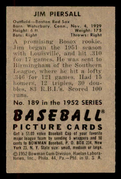 1952 Bowman Baseball #189 Jimmy Piersall Red Sox EX-MT 556235