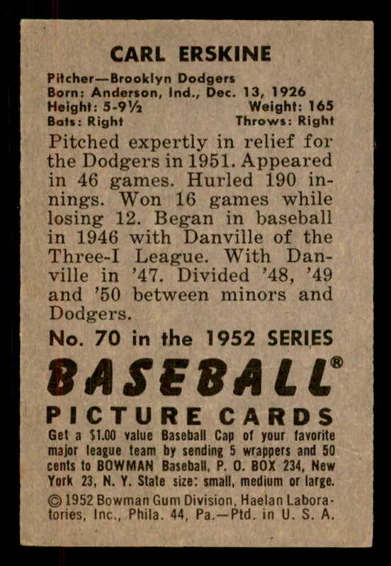 1952 Bowman Baseball #070 Carl Erskine Dodgers EX+/EX-MT 556237