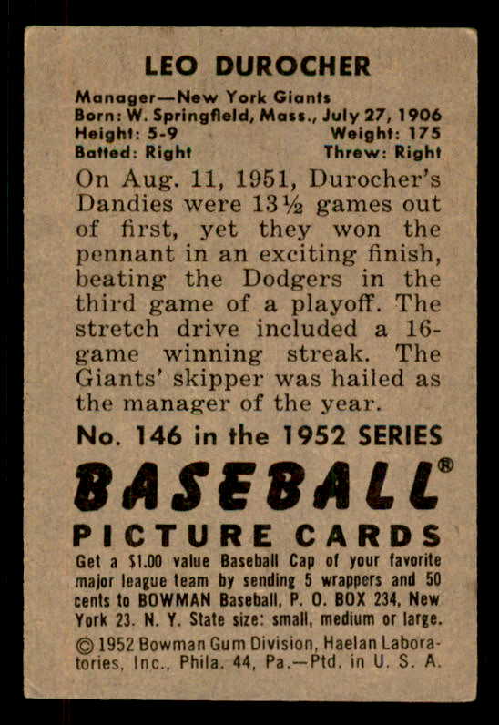 1952 Bowman Baseball #146 Leo Durocher Giants EX 556239