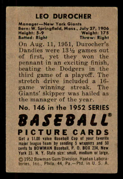 1952 Bowman Baseball #146 Leo Durocher Giants EX 556239