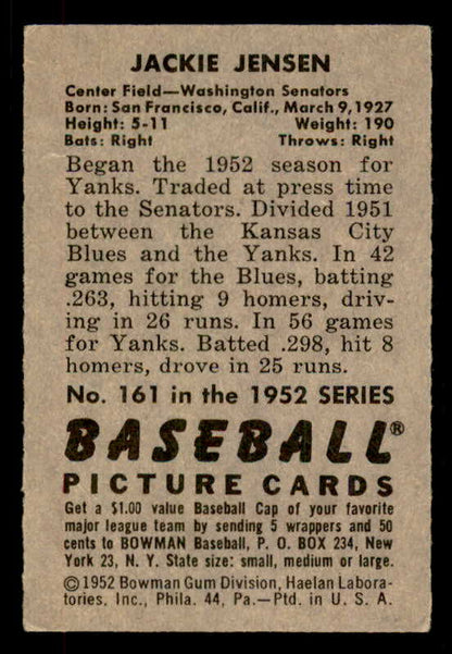1952 Bowman Baseball #161 Jackie Jensen Senators EX 556241