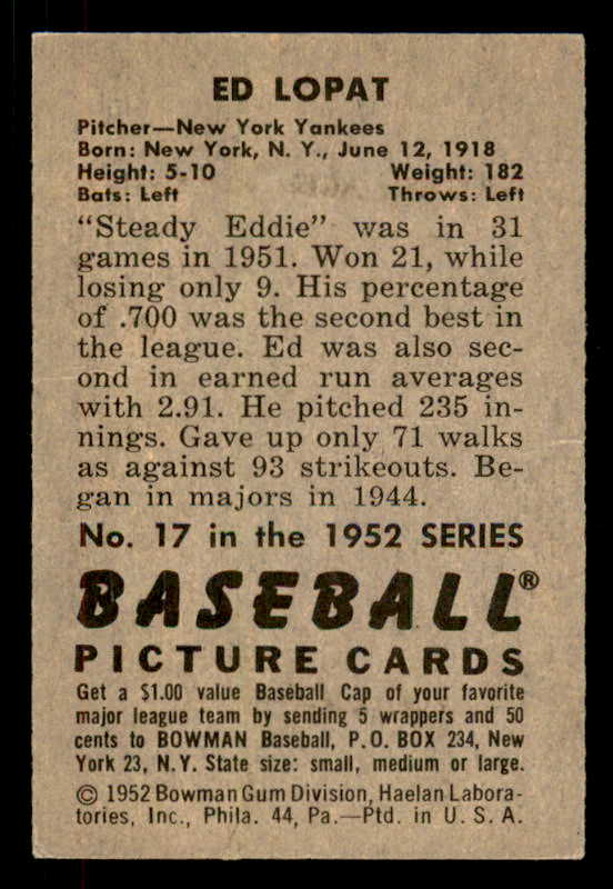 1952 Bowman Baseball #017 Eddie Lopat Yankees EX-MT 556243