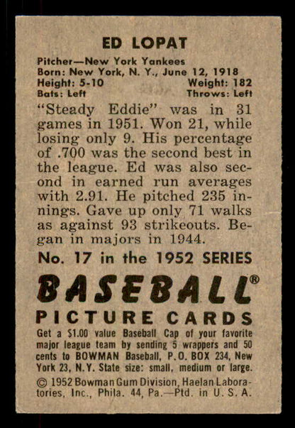 1952 Bowman Baseball #017 Eddie Lopat Yankees EX-MT 556243