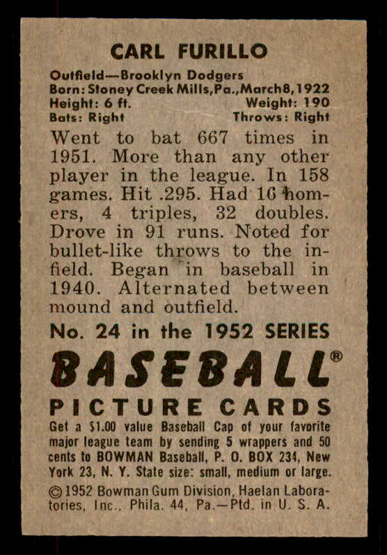 1952 Bowman Baseball #024 Carl Furillo Dodgers EX-MT 556244