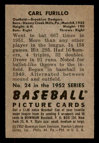 1952 Bowman Baseball #024 Carl Furillo Dodgers EX-MT 556244