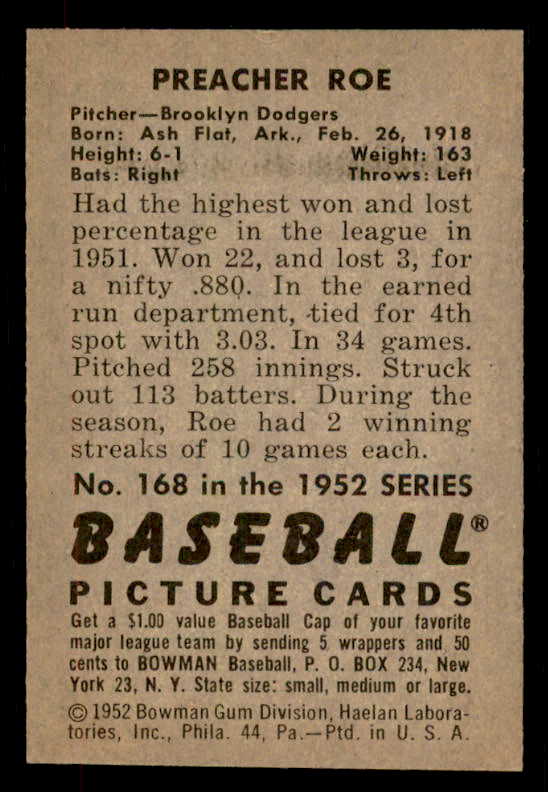 1952 Bowman Baseball #168 Preacher Roe Dodgers EX-MT 556245