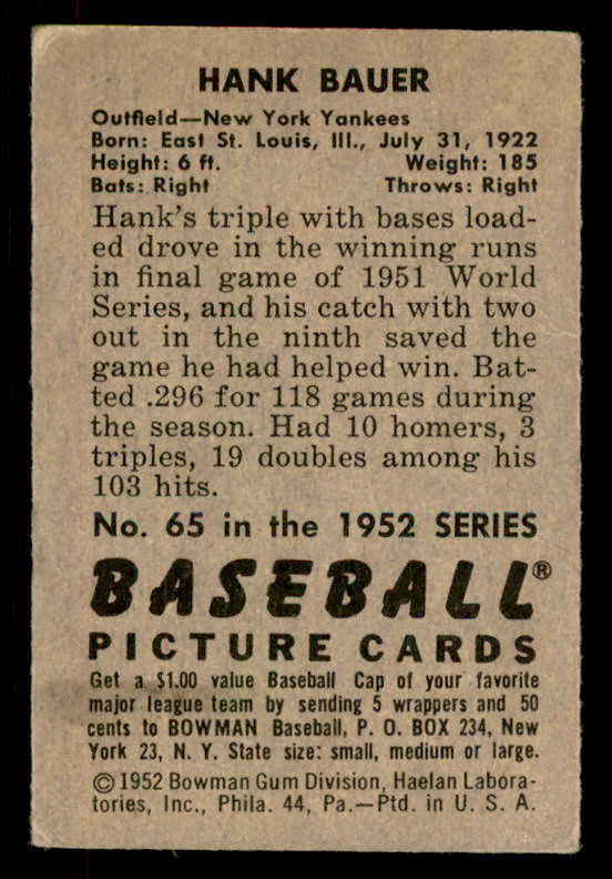 1952 Bowman Baseball #065 Hank Bauer Yankees VG-EX 556246