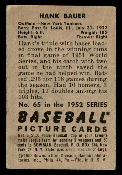1952 Bowman Baseball #065 Hank Bauer Yankees VG-EX 556246