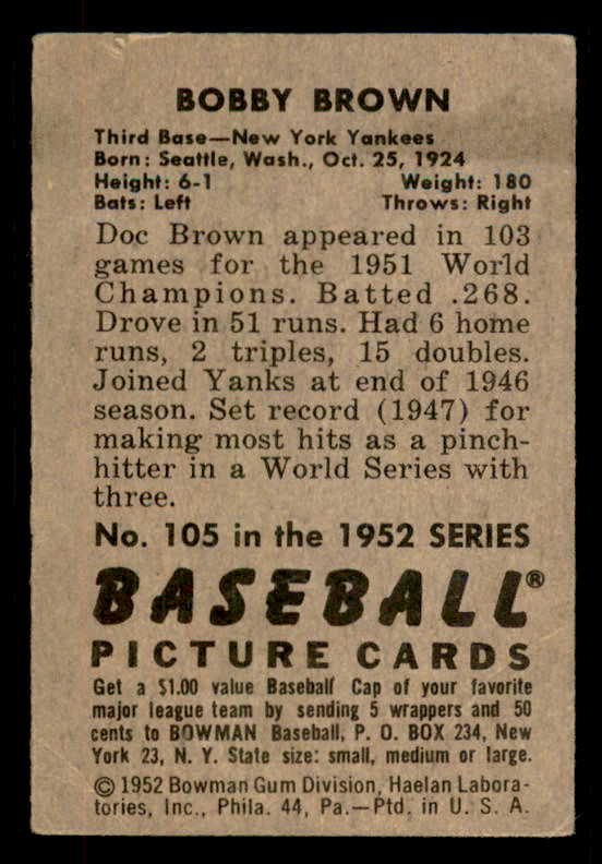 1952 Bowman Baseball #105 Bobby Brown Yankees VG-EX 556247