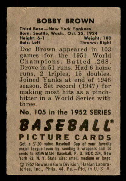1952 Bowman Baseball #105 Bobby Brown Yankees VG-EX 556247