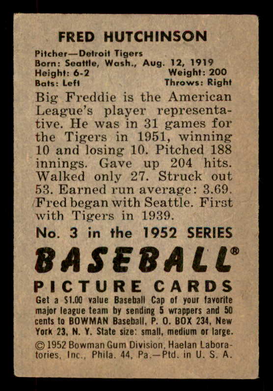 1952 Bowman Baseball #003 Fred Hutchinson Tigers VG-EX 556248
