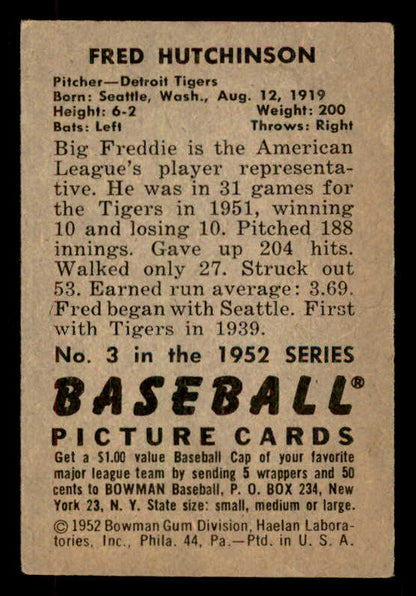 1952 Bowman Baseball #003 Fred Hutchinson Tigers VG-EX 556248