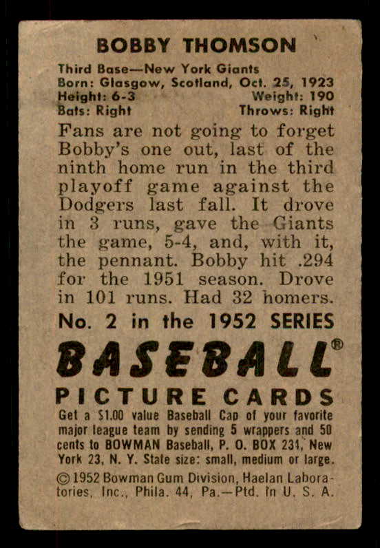 1952 Bowman Baseball #002 Bobby Thomson Giants VG-EX 556249