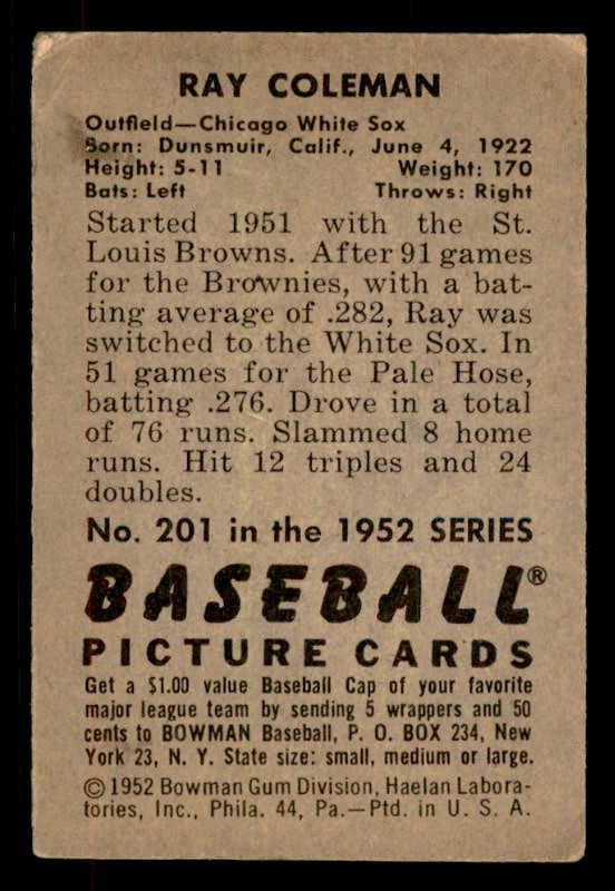 1952 Bowman Baseball #201 Ray Coleman White Sox VG-EX 556251