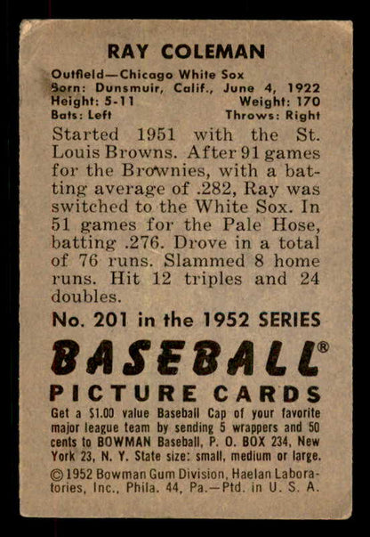 1952 Bowman Baseball #201 Ray Coleman White Sox VG-EX 556251