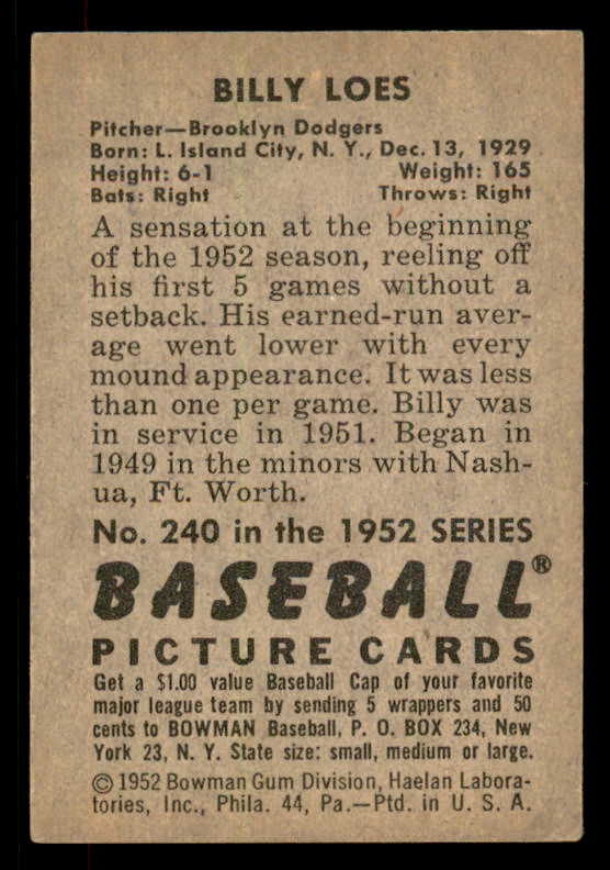 1952 Bowman Baseball #240 Billy Loes Dodgers VG-EX 556252