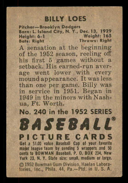 1952 Bowman Baseball #240 Billy Loes Dodgers VG-EX 556252