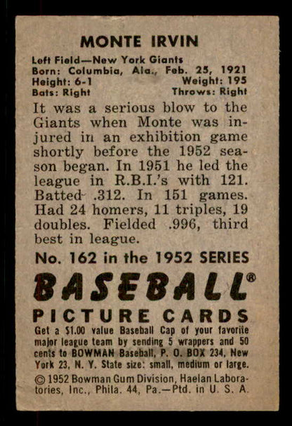 1952 Bowman Baseball #162 Monte Irvin Giants VG-EX 556253