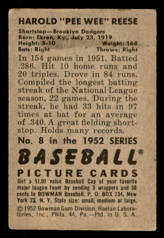 1952 Bowman Baseball #008 Pee Wee Reese Dodgers VG-EX 556255